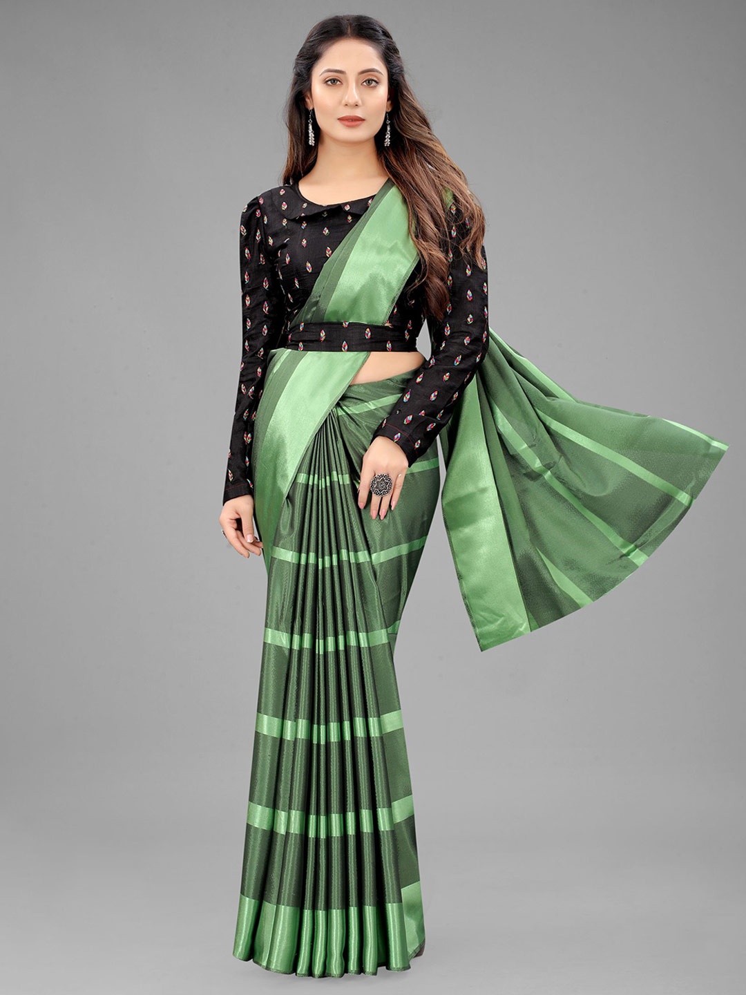 

Rangrasiya Corporation Striped Satin Saree, Green