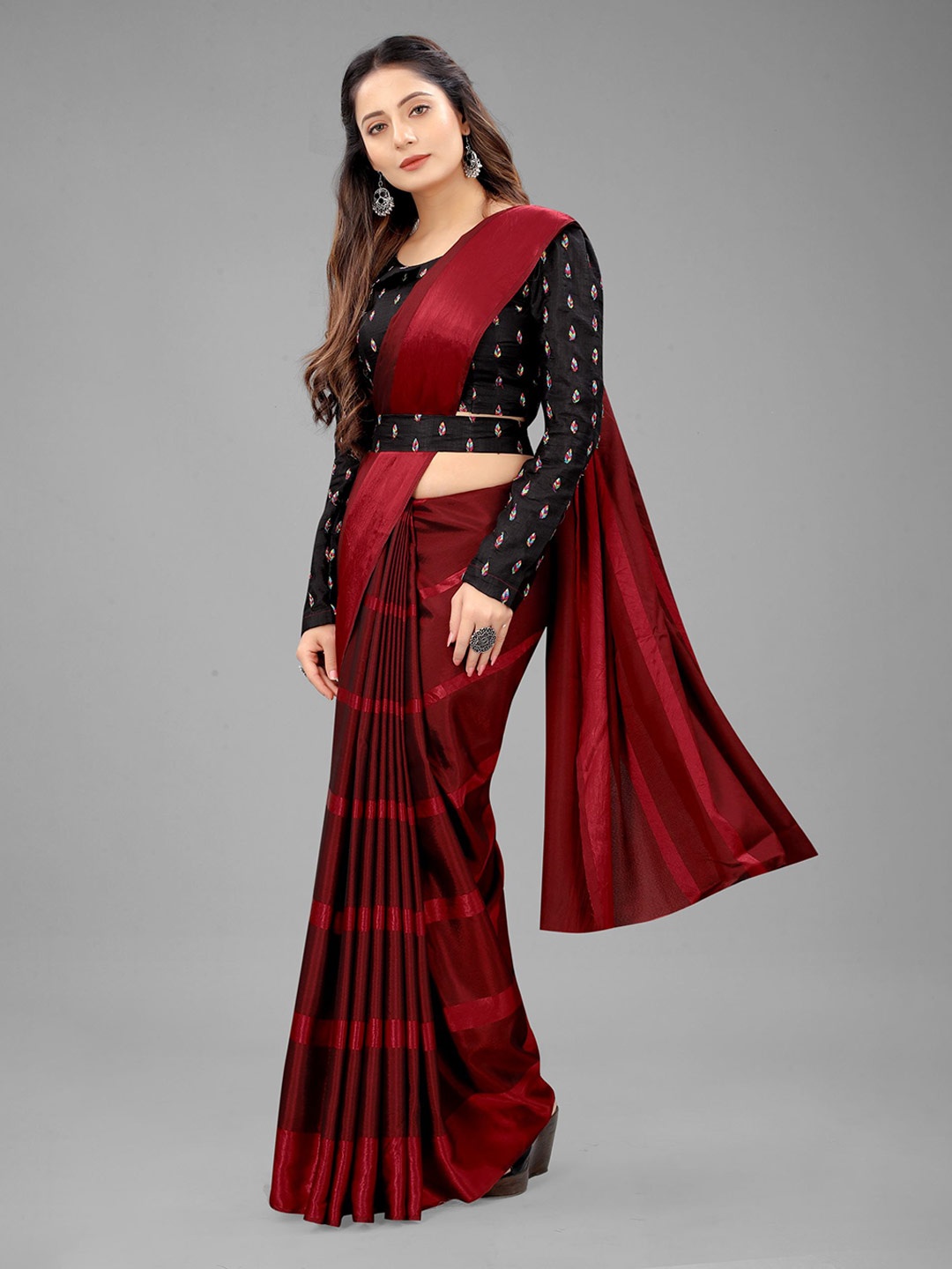 

Rangrasiya Corporation Striped Satin Saree, Red