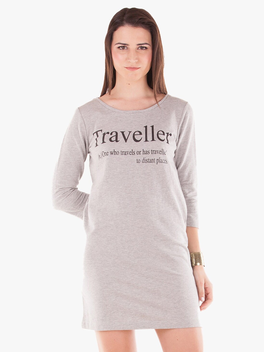 

BandBox Typhography Printed Round Neck Long Sleeves Cotton T-shirt Dress, Grey