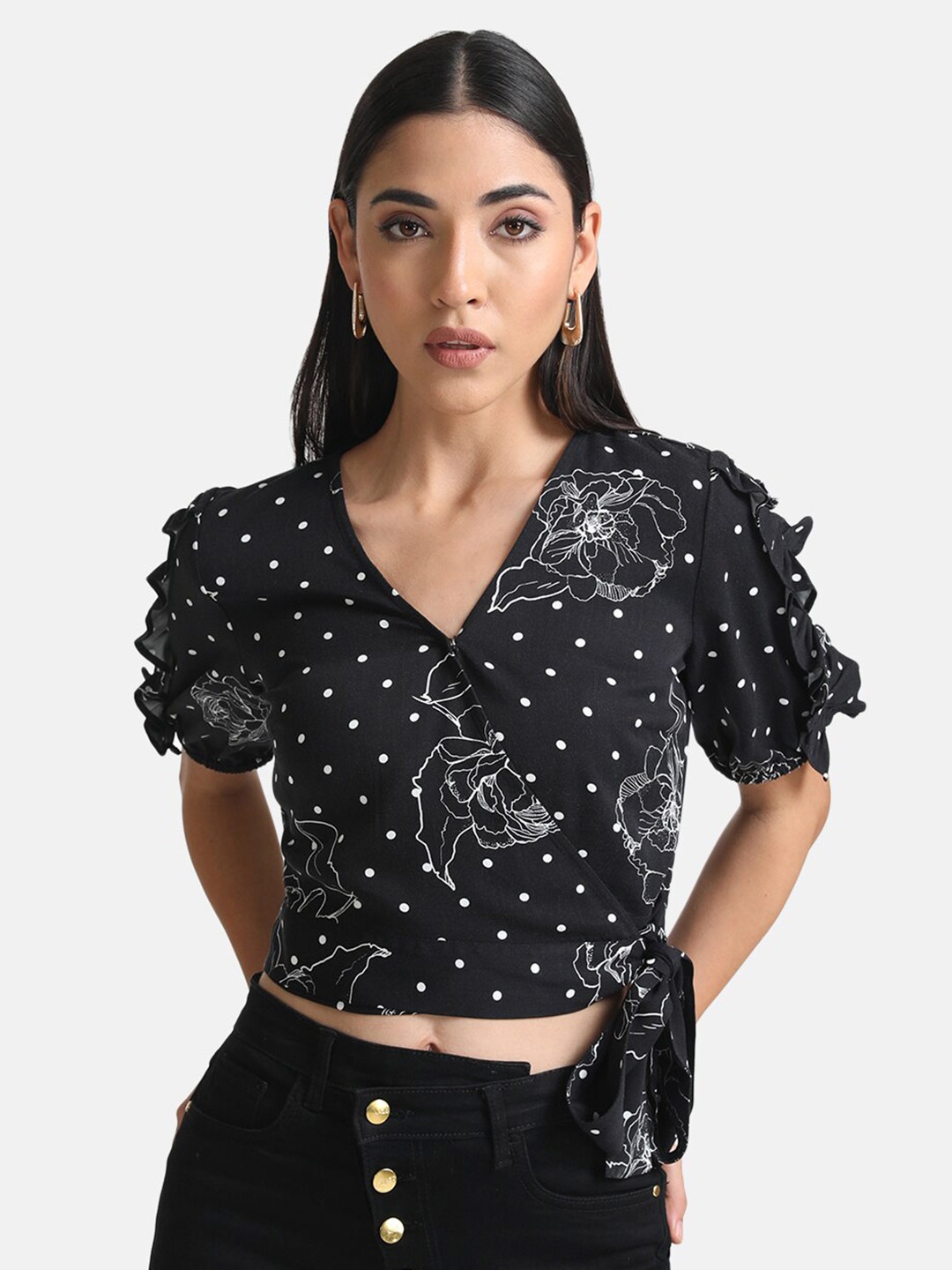 

Kazo Women Print Wrap Crop Top, Black