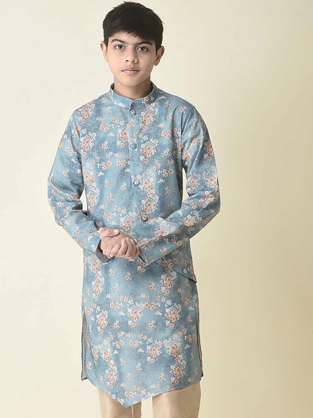 

TABARD Boys Mandarin Collar Floral Printed Straight Fit Cotton Kurta, Blue