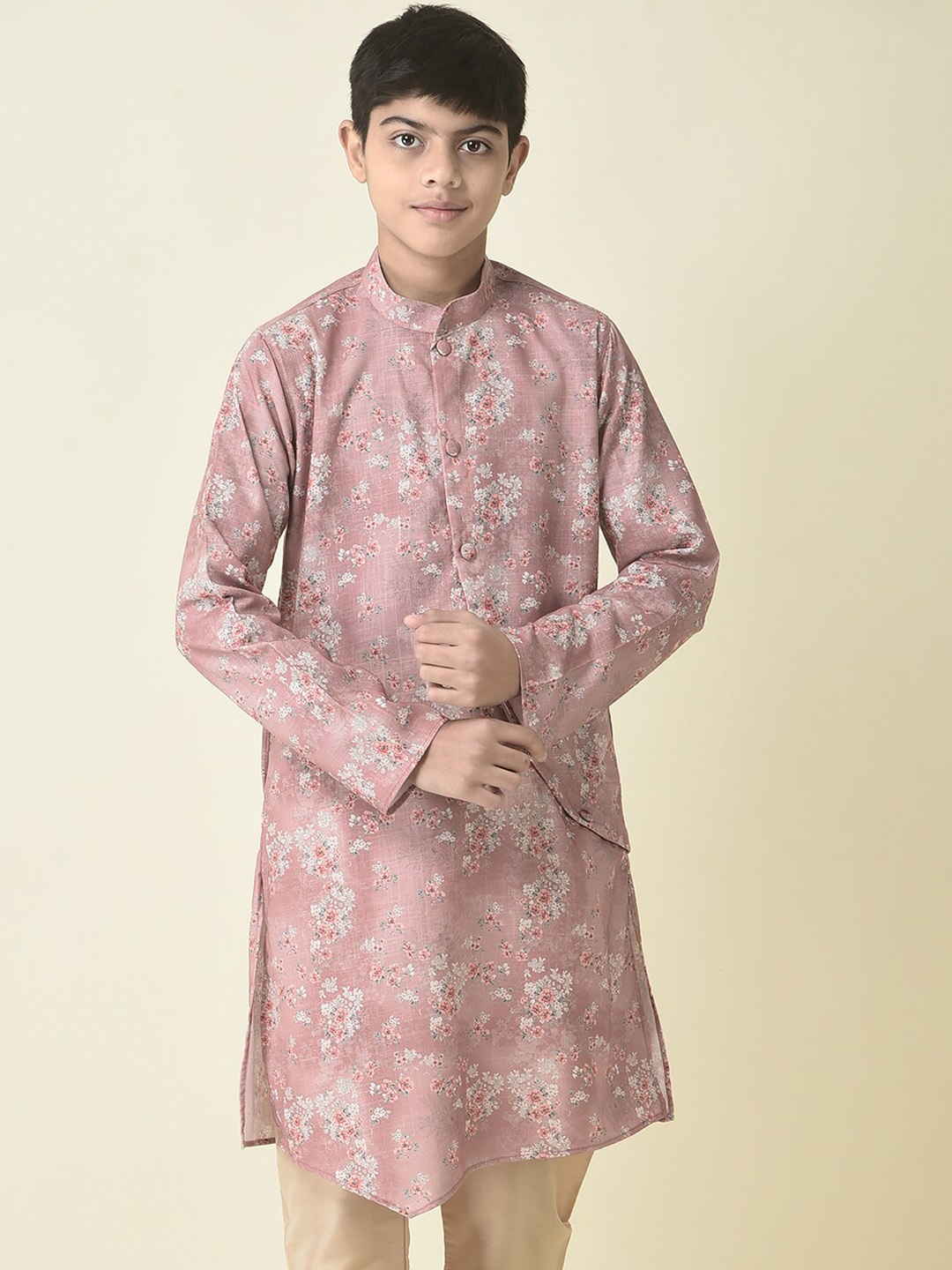 

TABARD Boys Mandarin Collar Floral Printed Straight Fit Cotton Kurta, Pink
