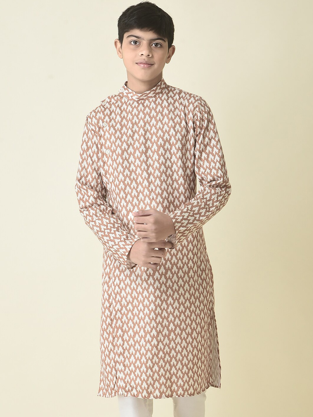 

TABARD Boys Mandarin Collar Ethnic Motifs Printed Cotton Kurta, Taupe