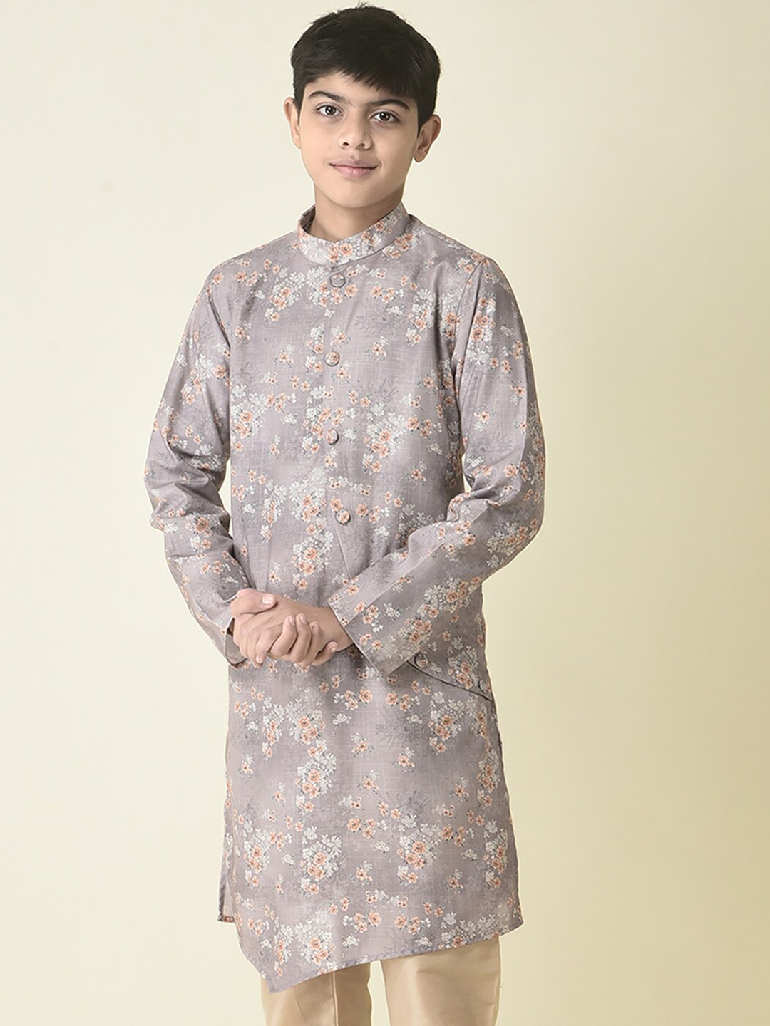 

TABARD Boys Floral Printed Cotton Kurta, Grey
