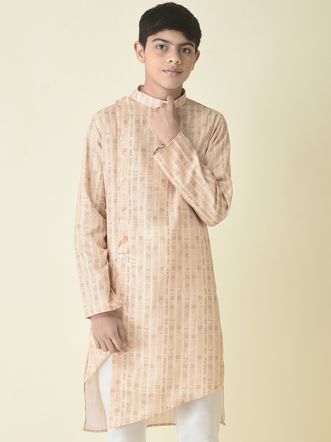 

TABARD Boys Mandarin Collar Tribal Printed Regular Fit Cotton Kurta, Beige