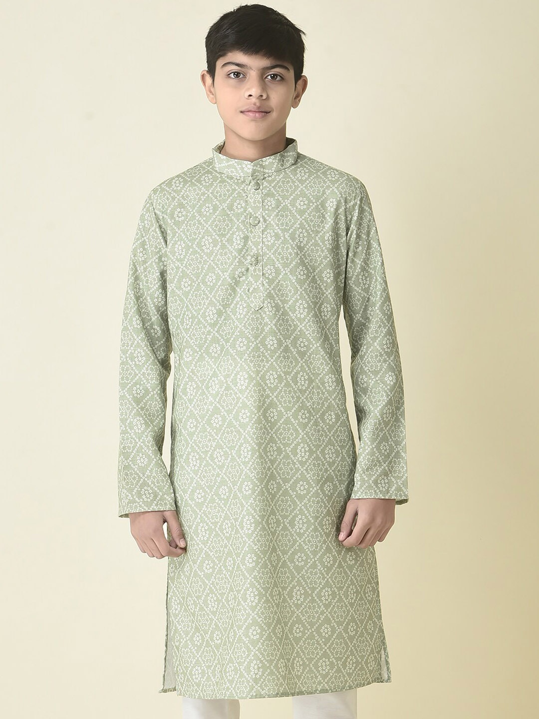 

TABARD Boys Mandarin Collar Bandhani Dyed Straight Fit Regular Cotton Kurta, Green