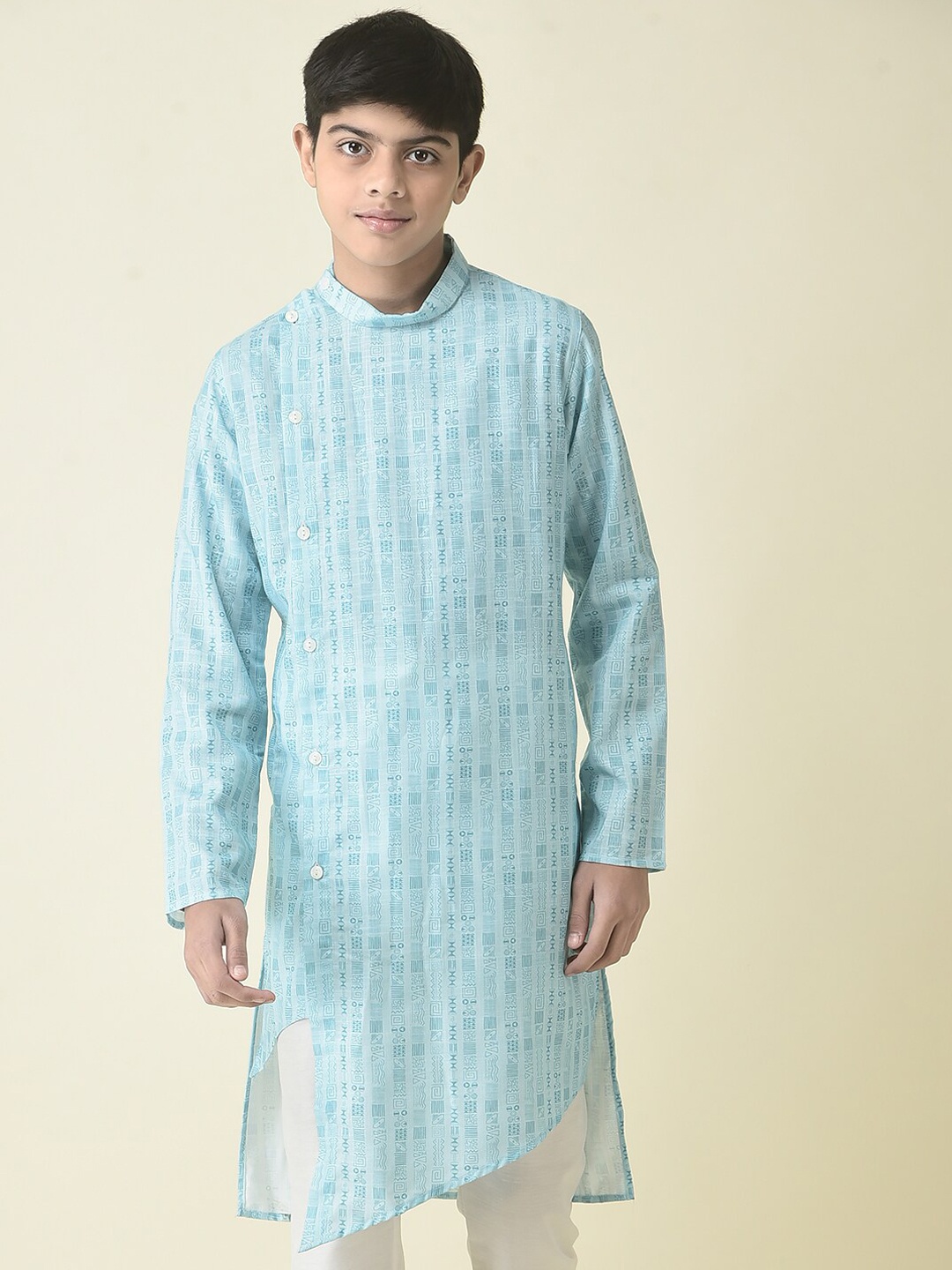 

TABARD Boys Mandarin Collar Tribal Striped Straight Fit Cotton Kurta, Blue