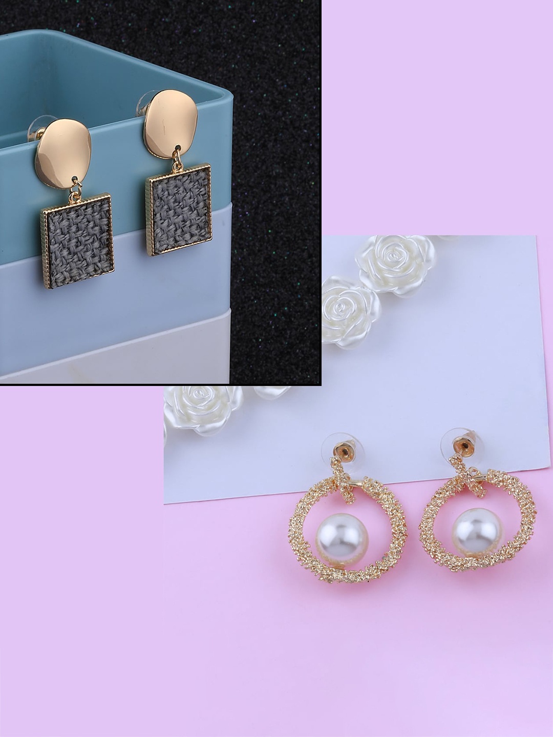 

Silver Shine Pack Of 2 Rose Gold-Plated Contemporary Drop Earrings