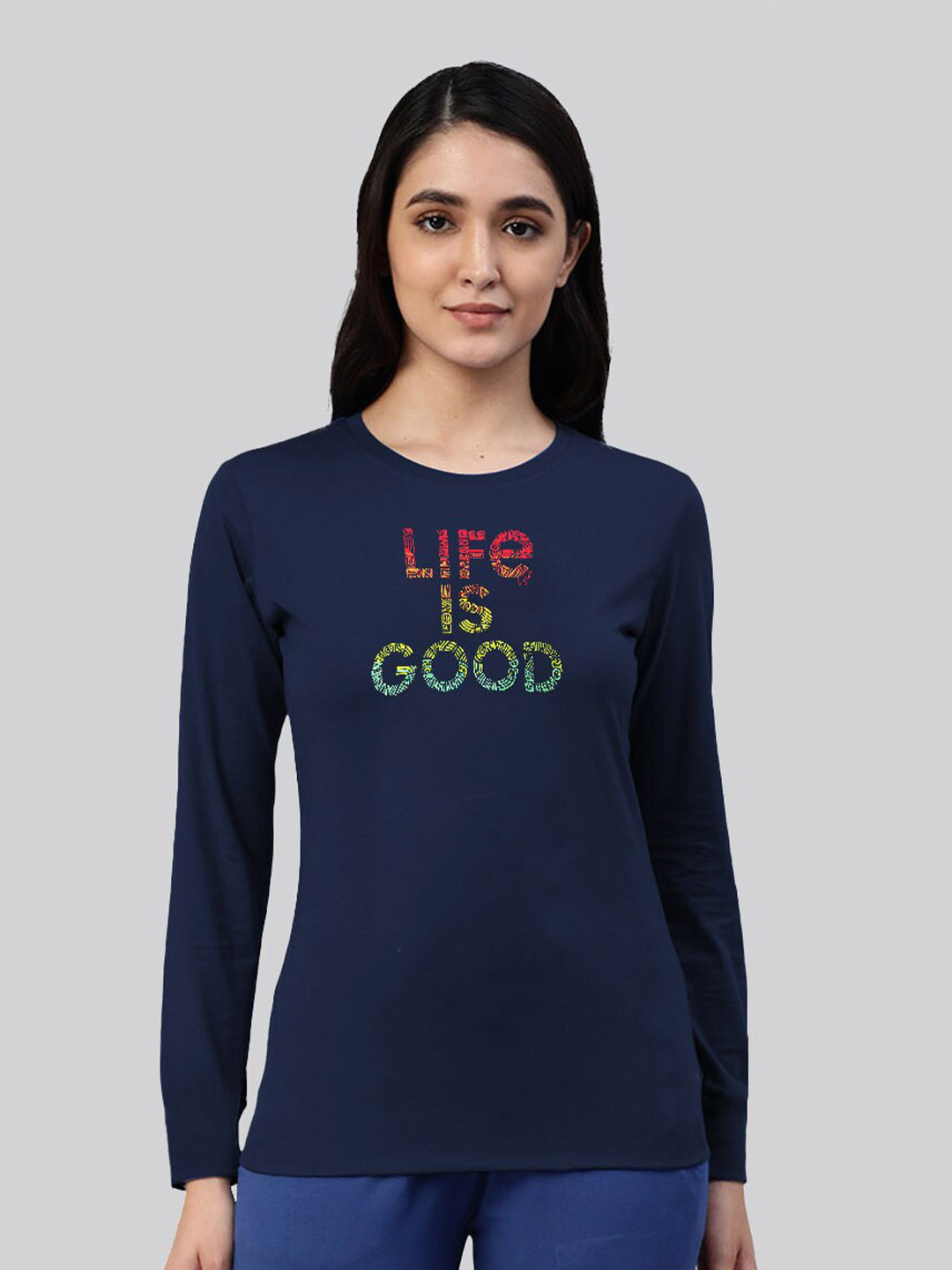 

LYRA Women Typography Printed Bio Finish T-shirt, Navy blue