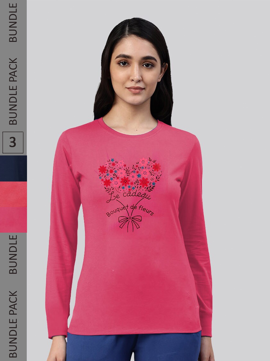 

LYRA Women Pack Of 3 Typography Printed Bio Finish Cotton T-shirt, Pink