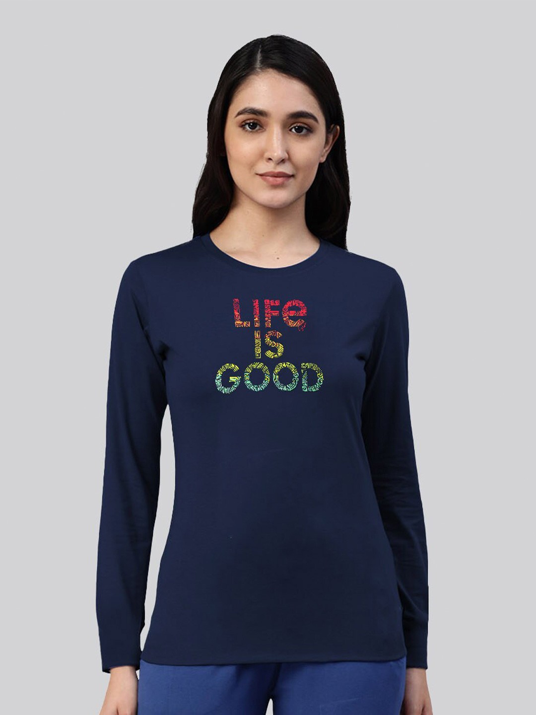 

LYRA Women Typography Printed Bio Finish Cotton T-shirt, Navy blue