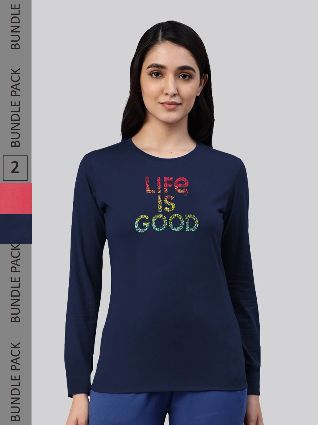 

LYRA Pack Of 2 Women Typography Printed Bio Finish Cotton T-shirt, Blue
