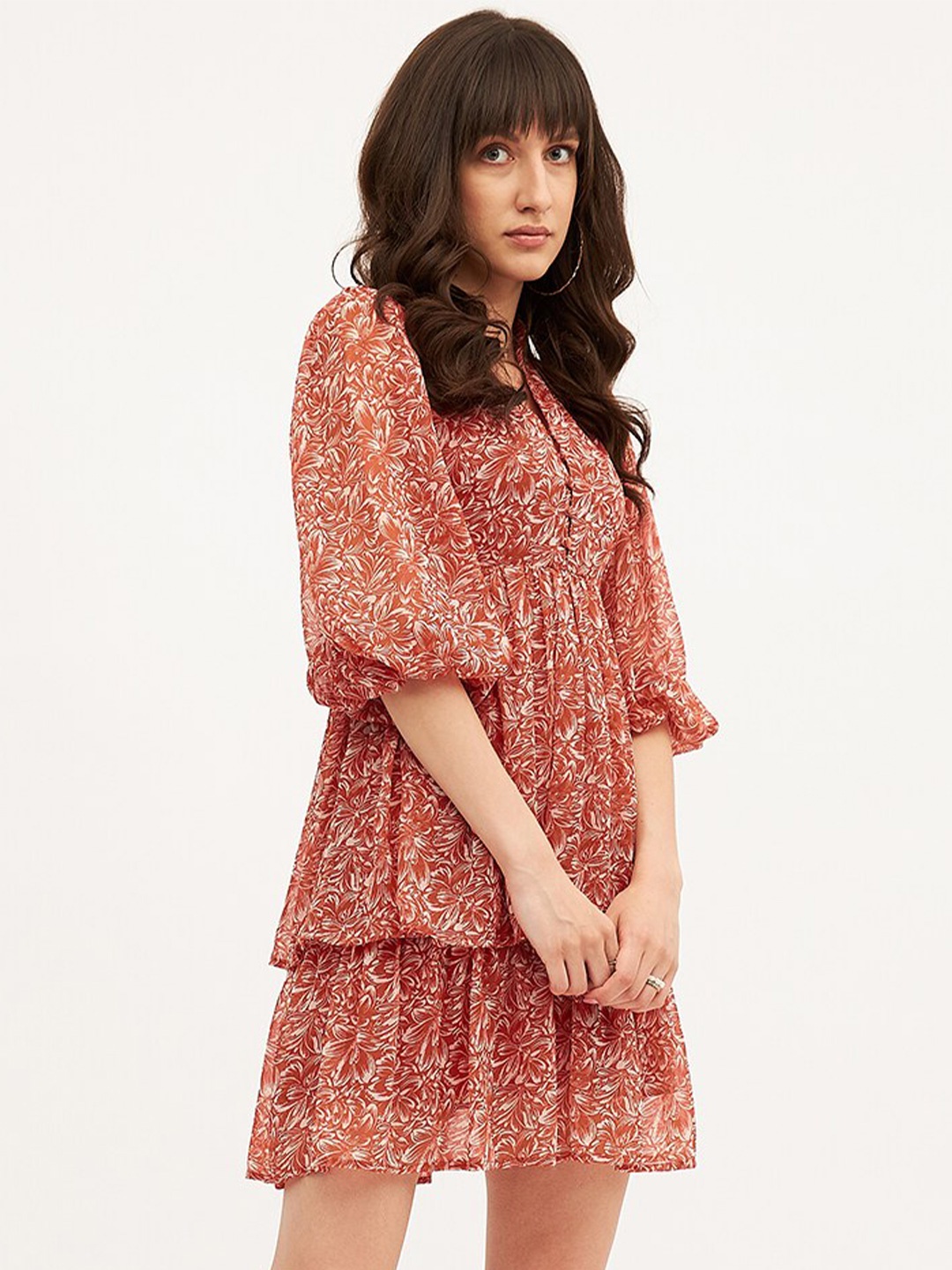 

Femella Floral Puff Sleeves A-Line Dress, Rust