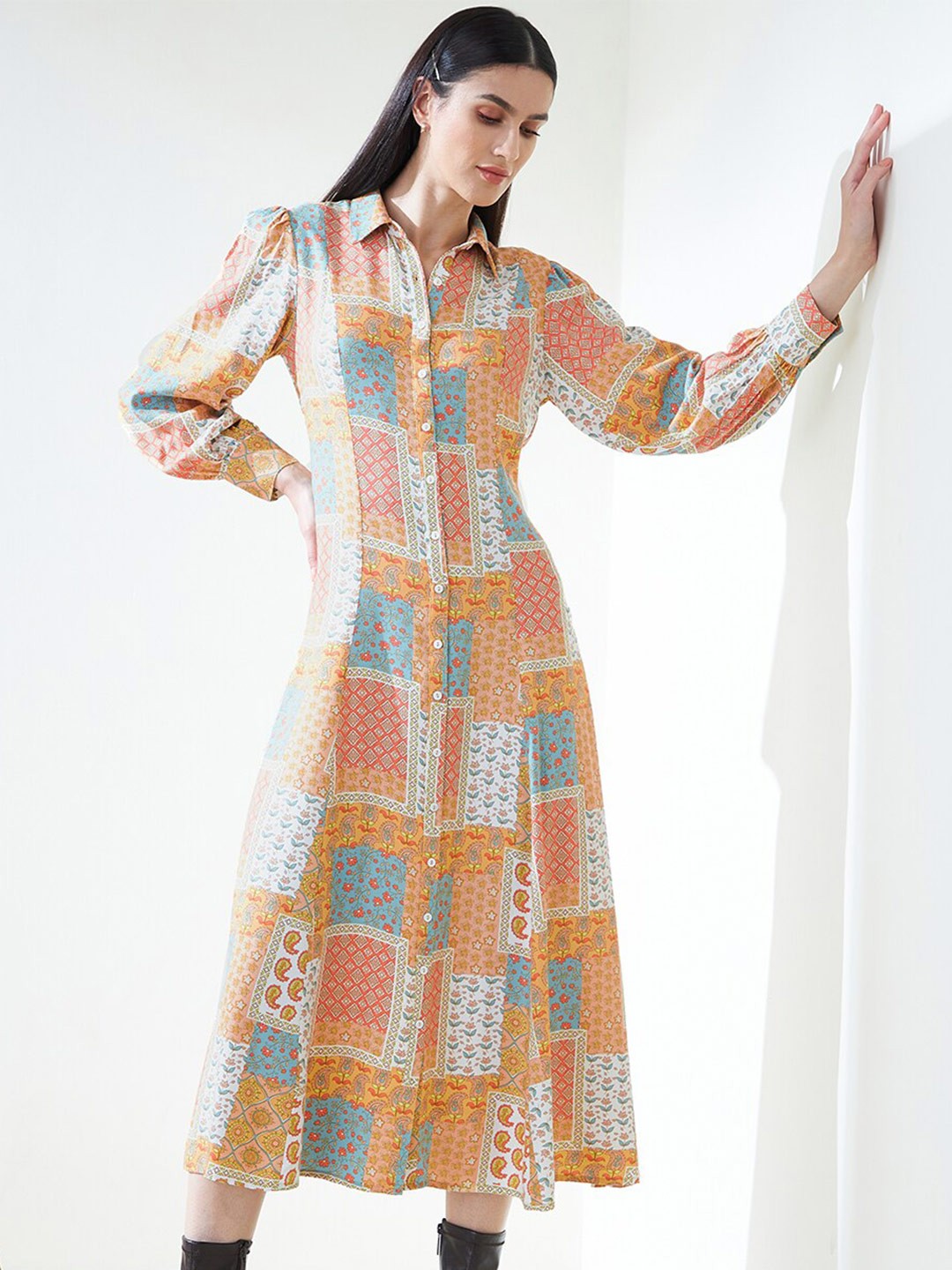 

Femell Floral Printed Shirt Midi Dress, Peach