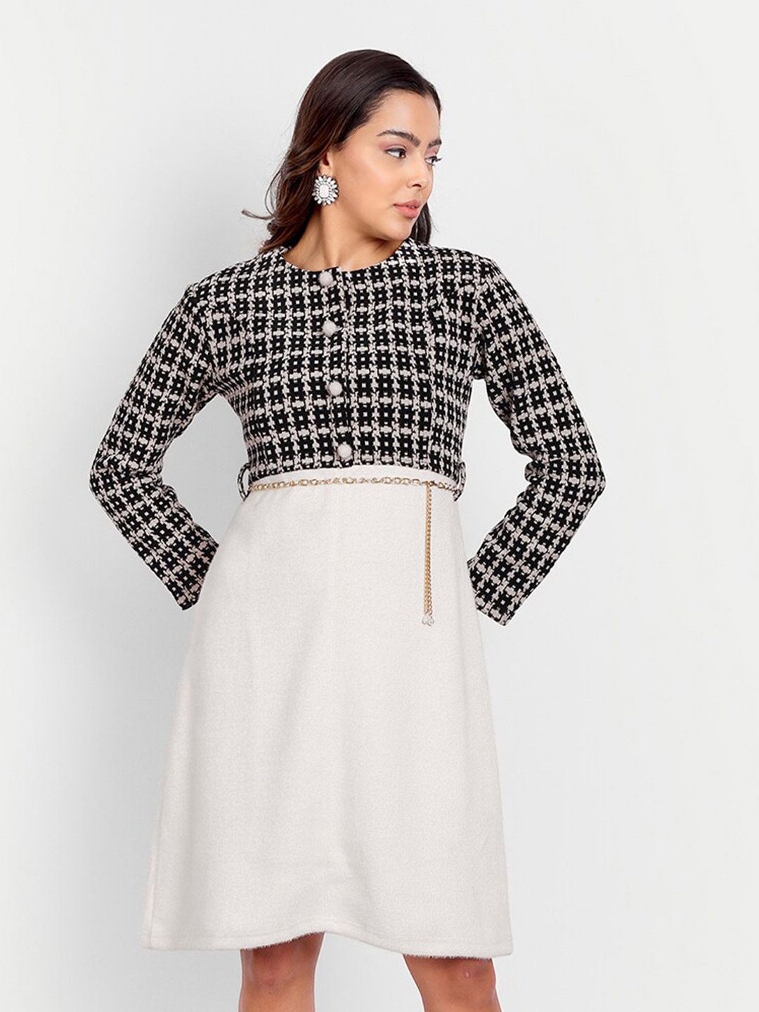 

HK colours of fashion Round Neck Fit & Flare Jacquard Wool Dress, Black