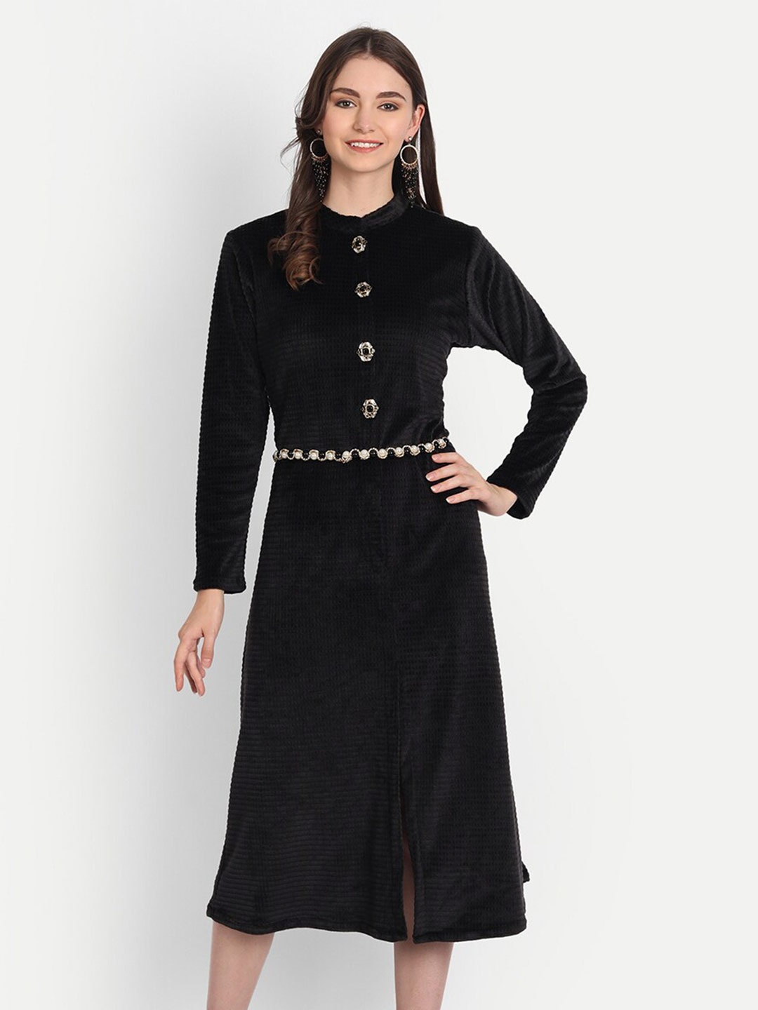 

HK colours of fashion Cut-Outs Mandarin Collar Long Sleeves Midi Dress, Black