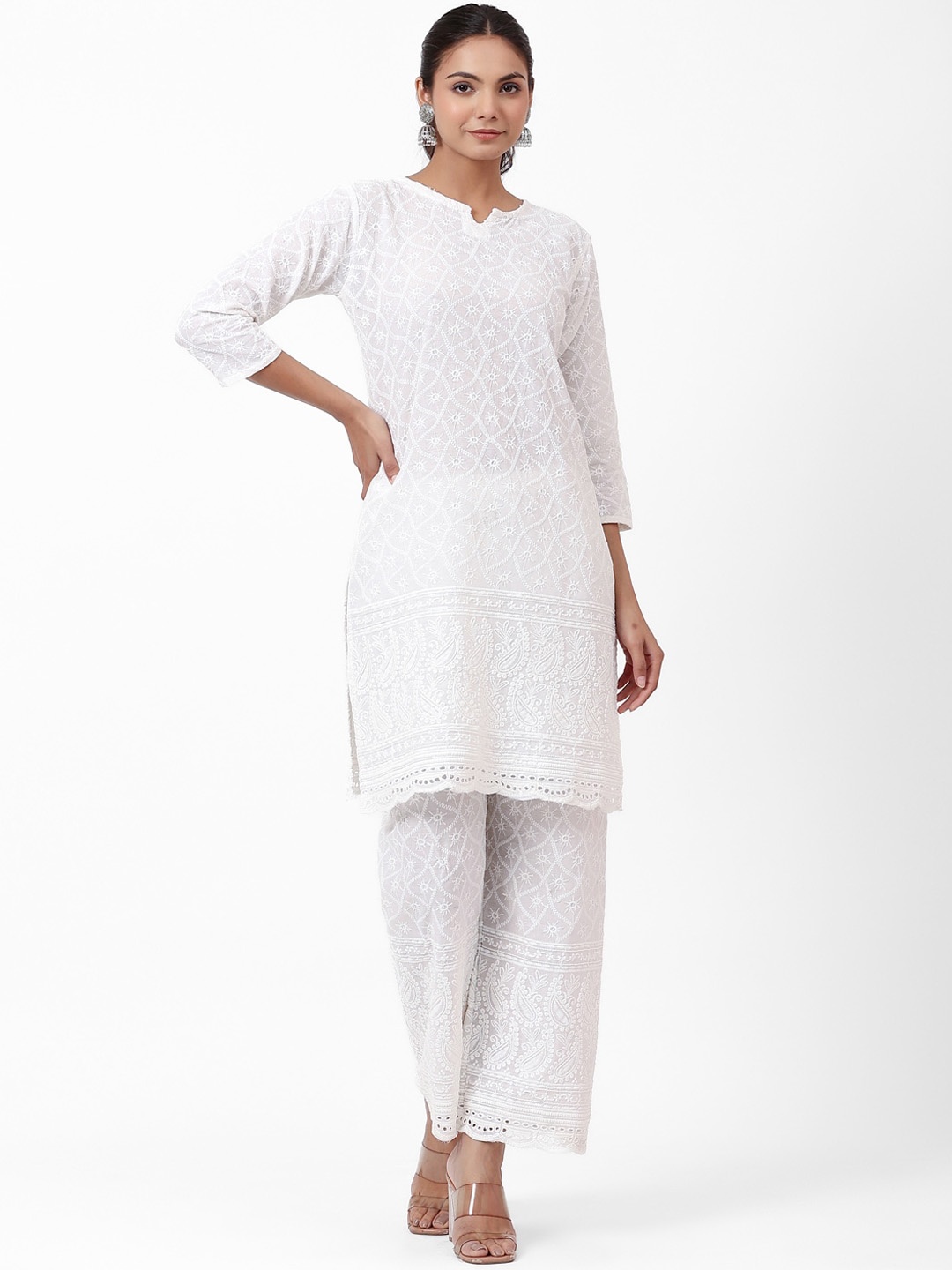 

PK Fashions Women Ethnic Motifs Embroidered Thread Work Notched Neck Kurta with Palazzos, White