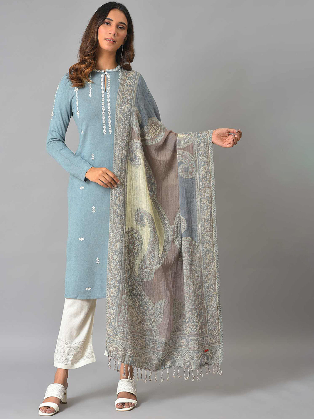 

W Women Printed Paisley Wool Shawl, Blue