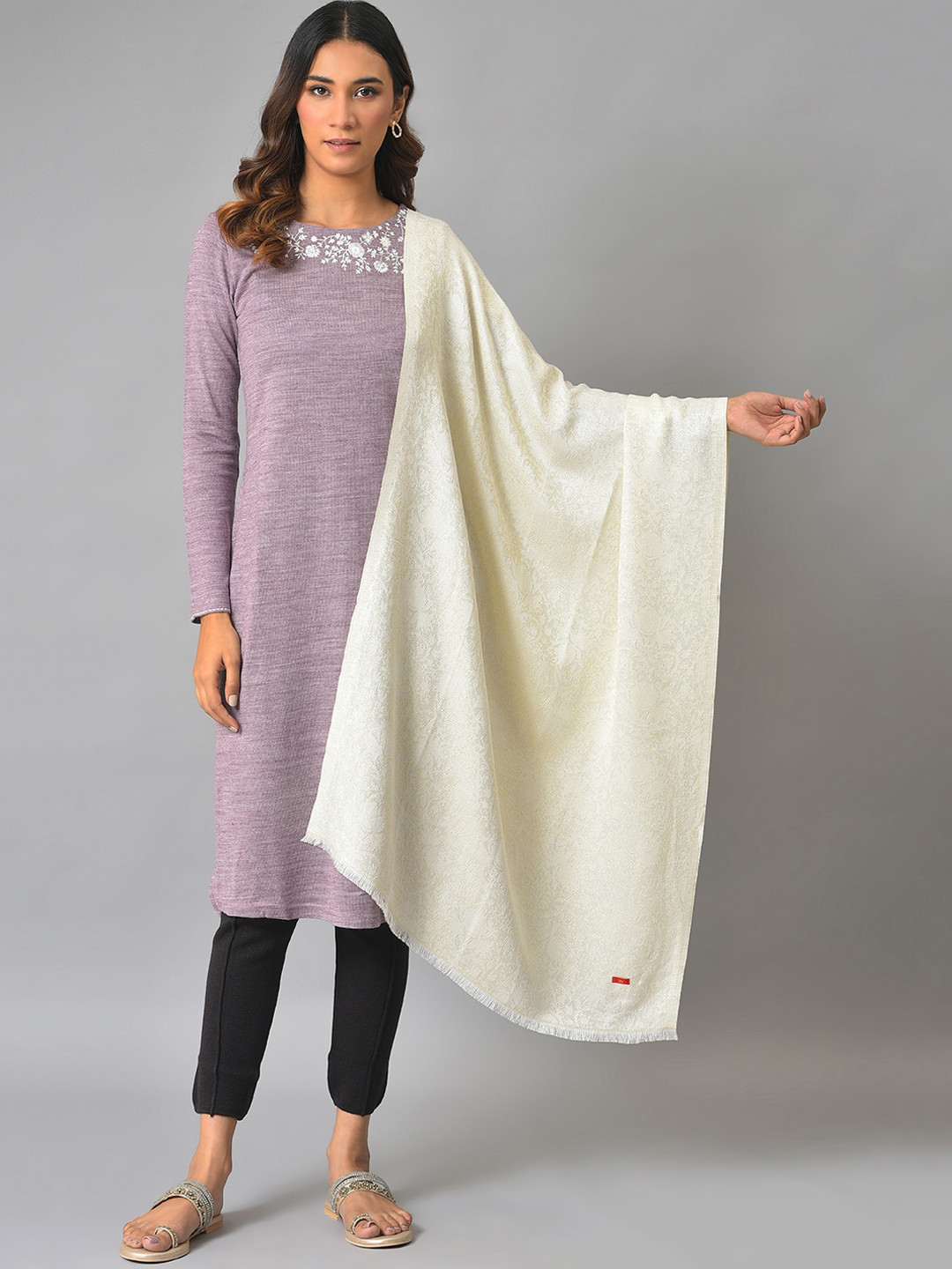 

W Women Self Design Solid Fringed Shawl, White