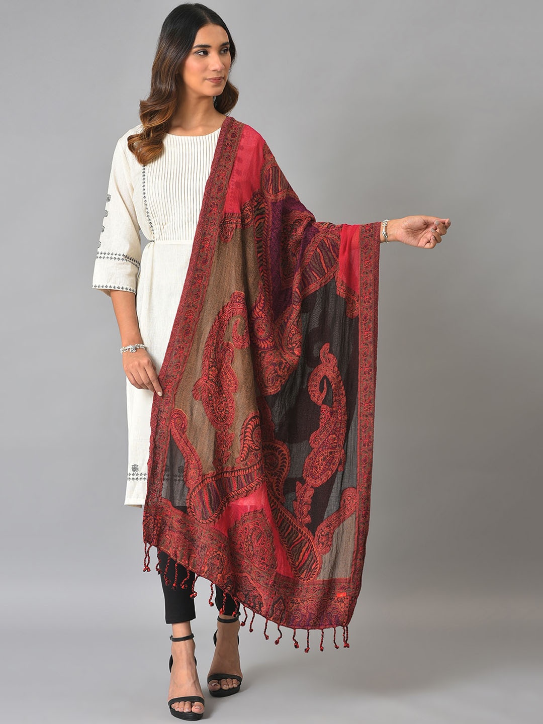 

W Women Woven Design Cotton Shawl, Red