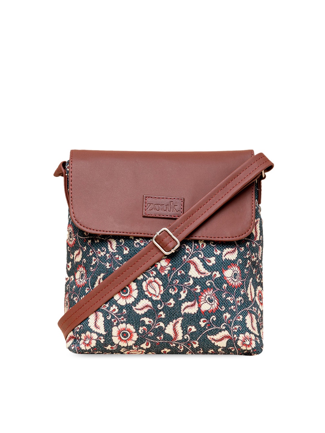 

ZOUK Floral Printed Structured Sling Bag, Brown