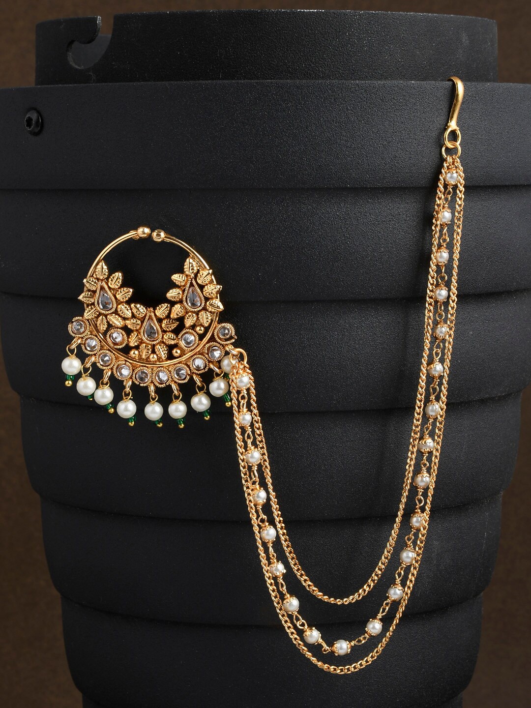 

AQUASTREET Gold-Plated Crystals Studded & Beaded Nose Ring With Chain
