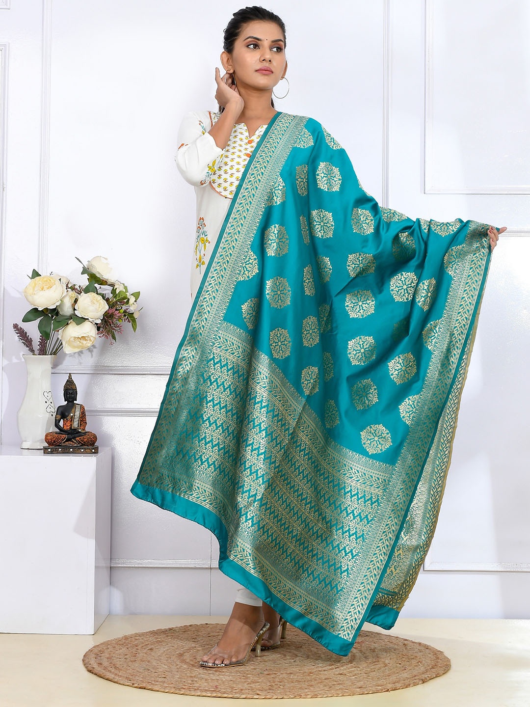 

Kesarya Ethnic Motifs Woven Design Pure Silk Dupatta, Turquoise blue