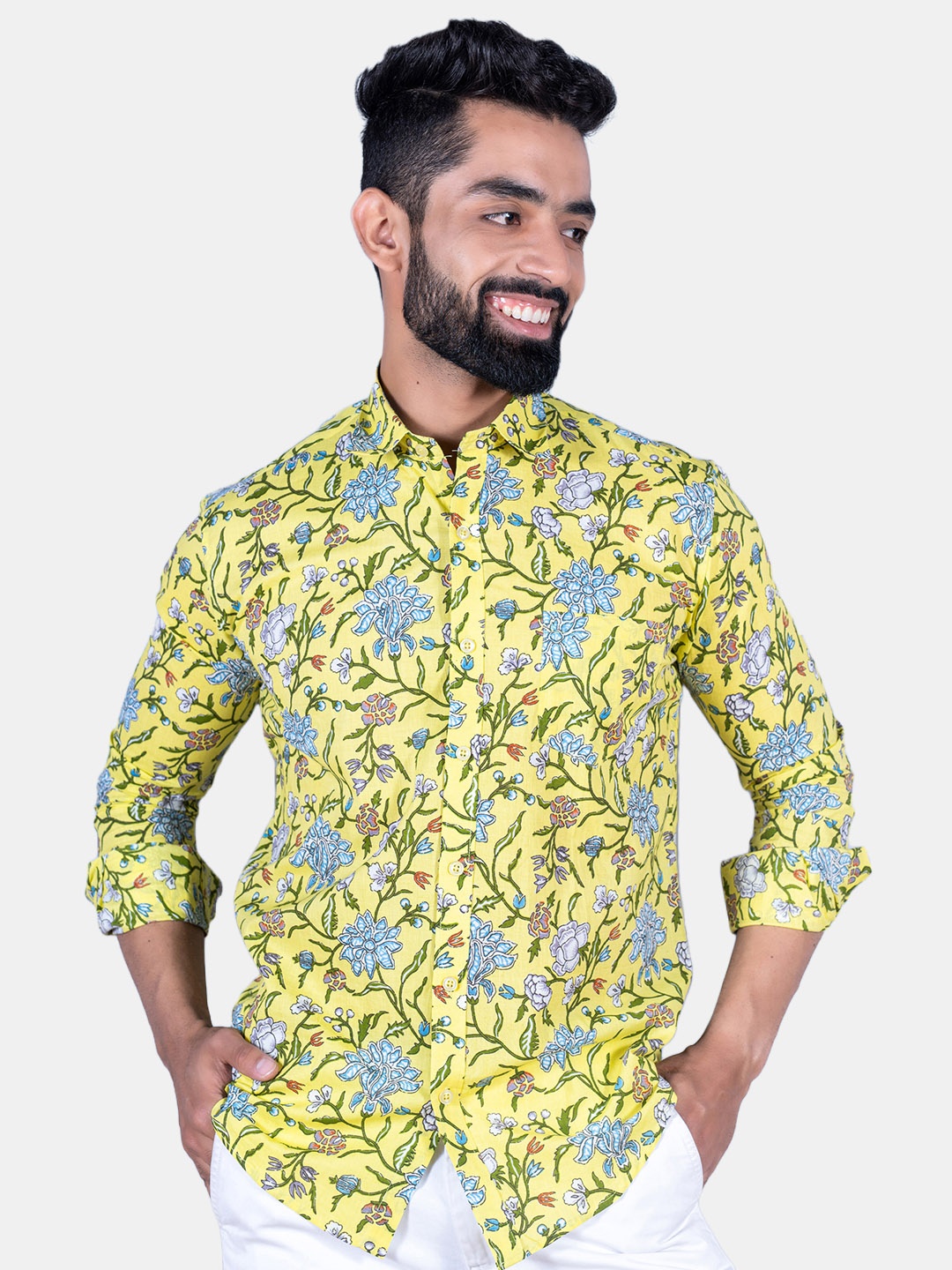

Tistabene Men Floral Printed Cotton Casual Shirt, Yellow