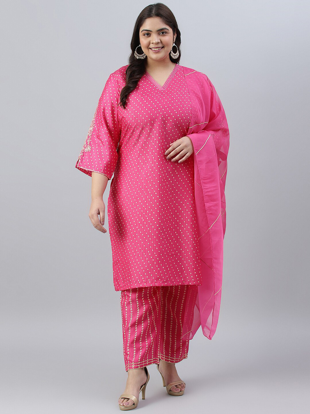 

W Women Bandhani Printed Kurta with Trousers & With Dupatta, Pink