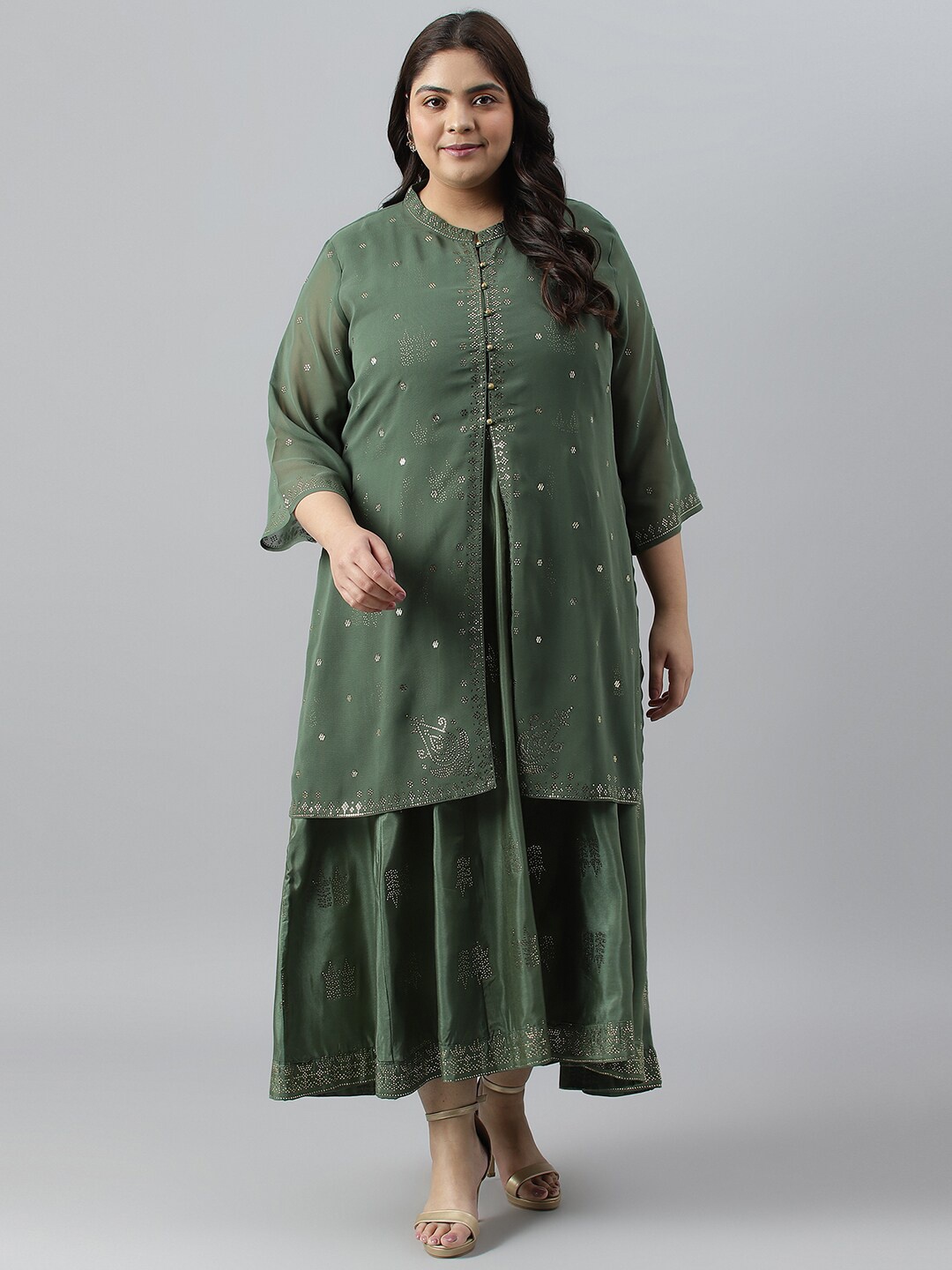 W Plus Size Ethnic Motifs Maxi Ethnic Dress, Olive