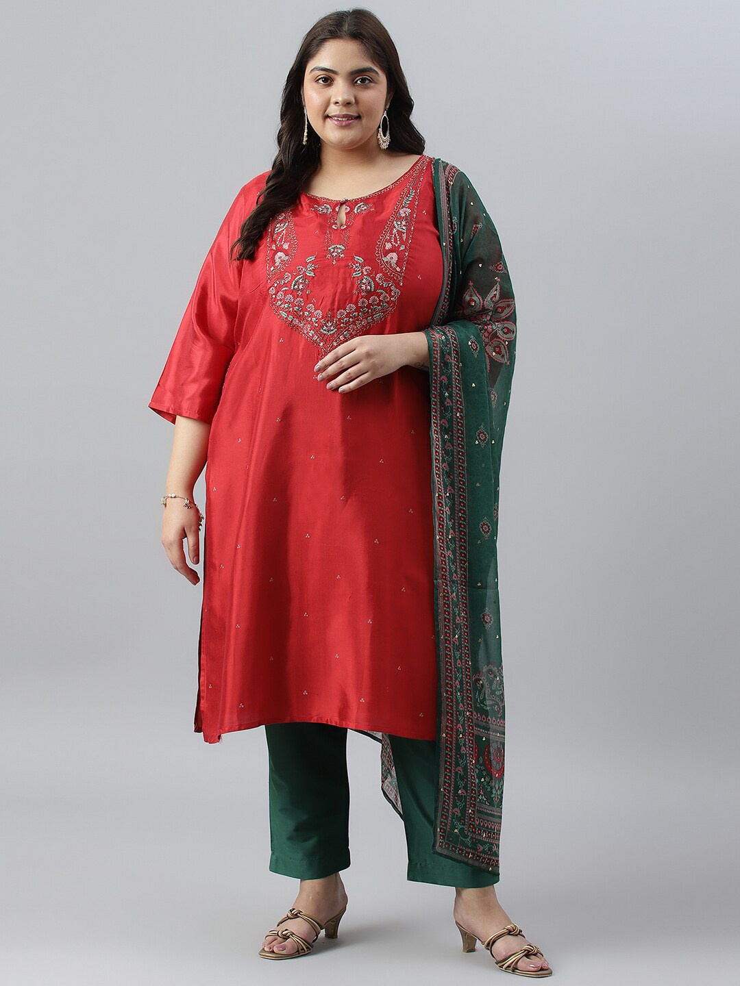 

W Women Floral Printed Thread Work Kurta with Trousers & With Dupatta, Red