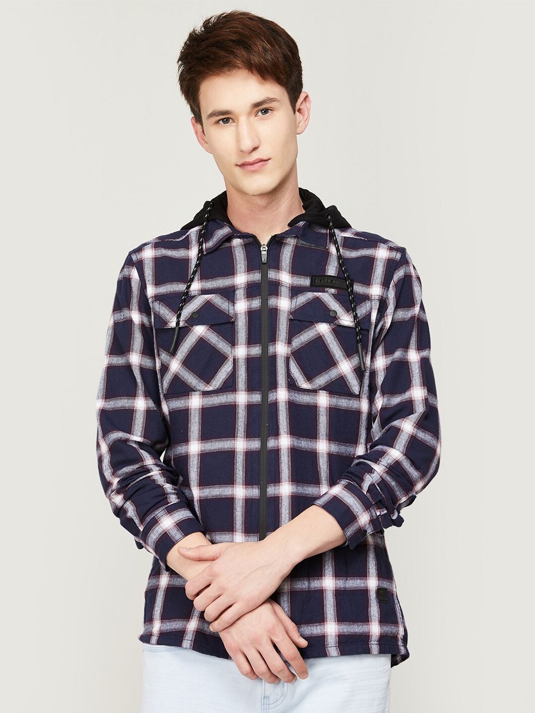 

Bossini Men Tartan Checked Hooded Cotton Casual Shirt, Navy blue