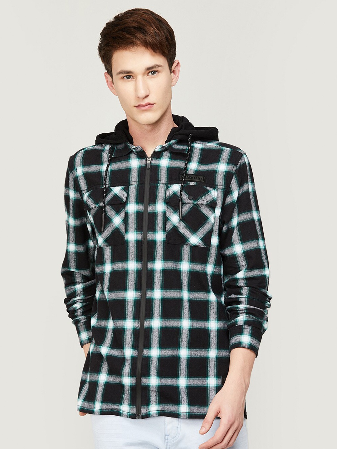 

Bossini Men Tartan Checked Hooded Cotton Casual Shirt, Black