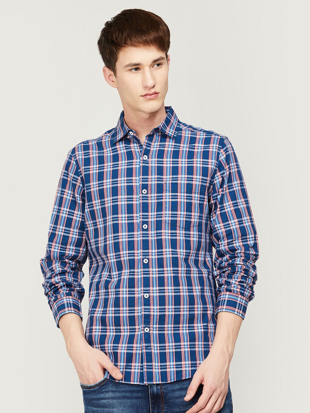 

Fame Forever by Lifestyle Men Checked Cotton Casual Shirt, Navy blue