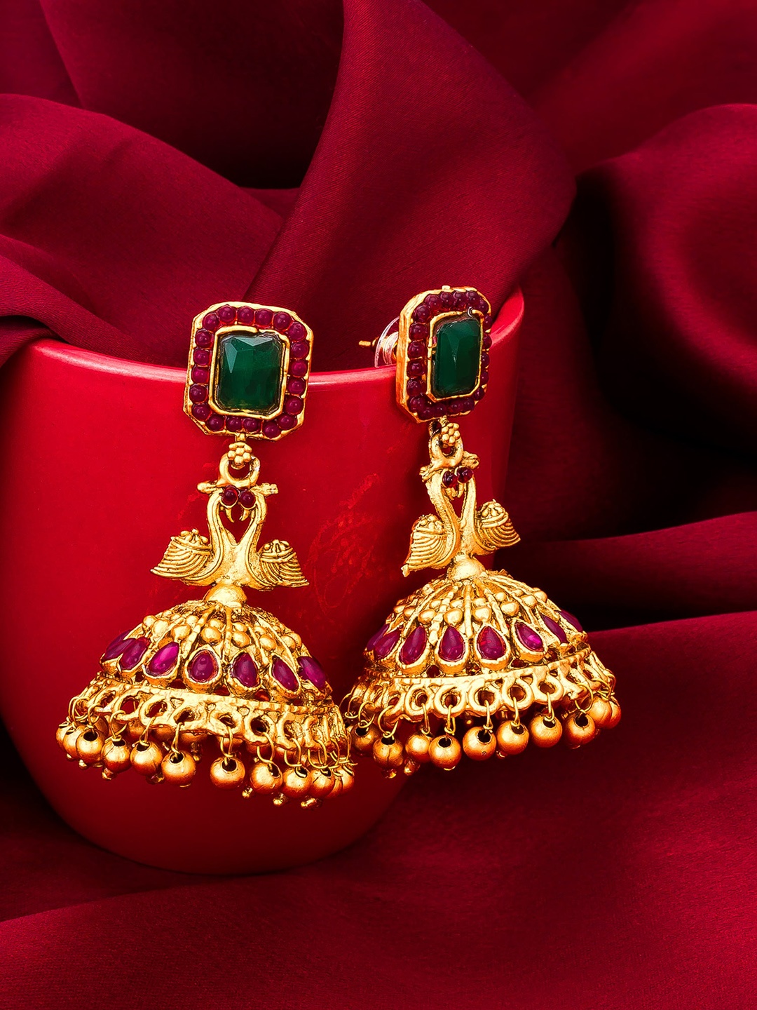 aadita Gold-Plated Dome Shaped Jhumkas Earrings, Green