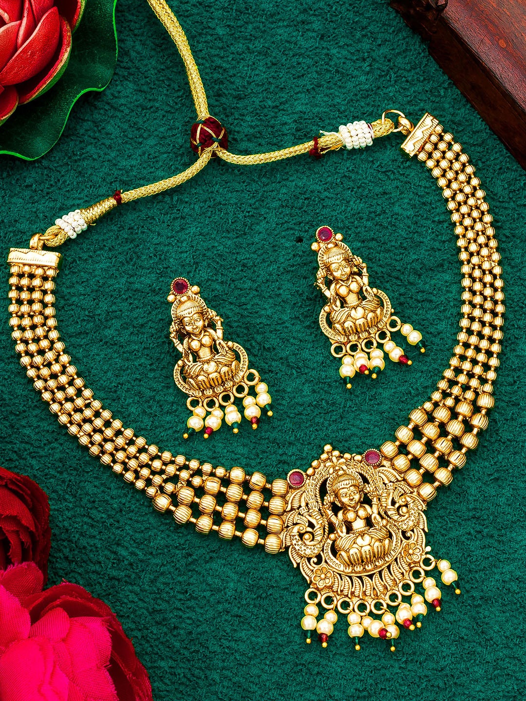 

aadita Gold-Plated Stones Studded & Beaded Temple Jewellery Set