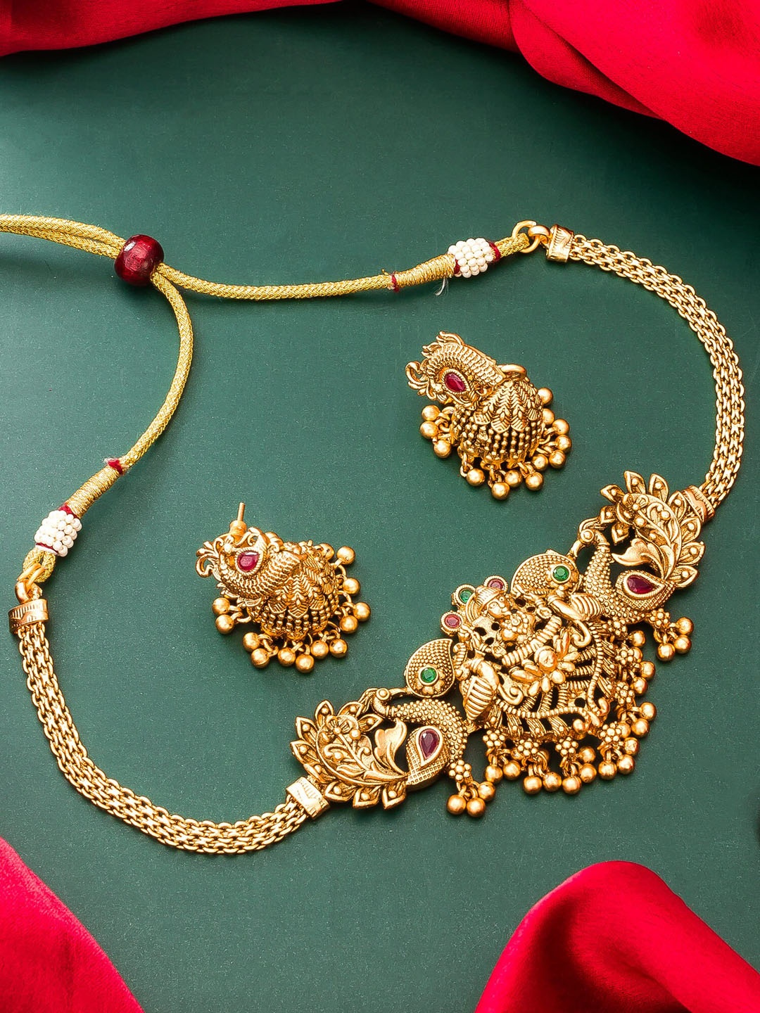 

aadita Gold-Plated Stones-Studded & Beads-Beaded Temple Jewellery Set
