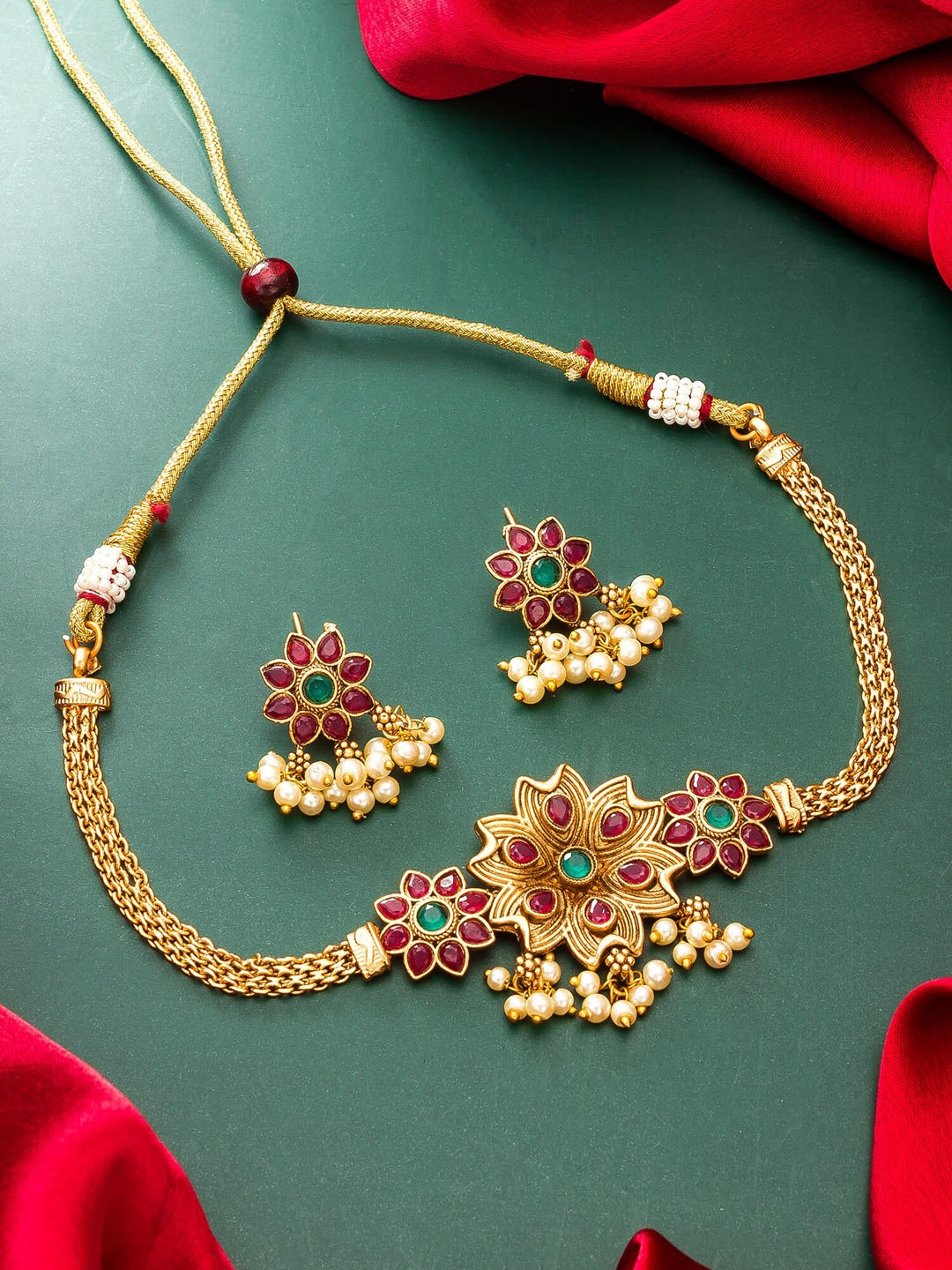 

aadita Gold-Plated Gold-Toned Stone Studded Choker Necklace Set