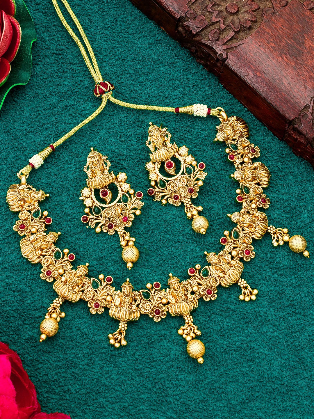 

aadita Stones-Studded & Beads-Beaded Temple Jewellery Set, Gold