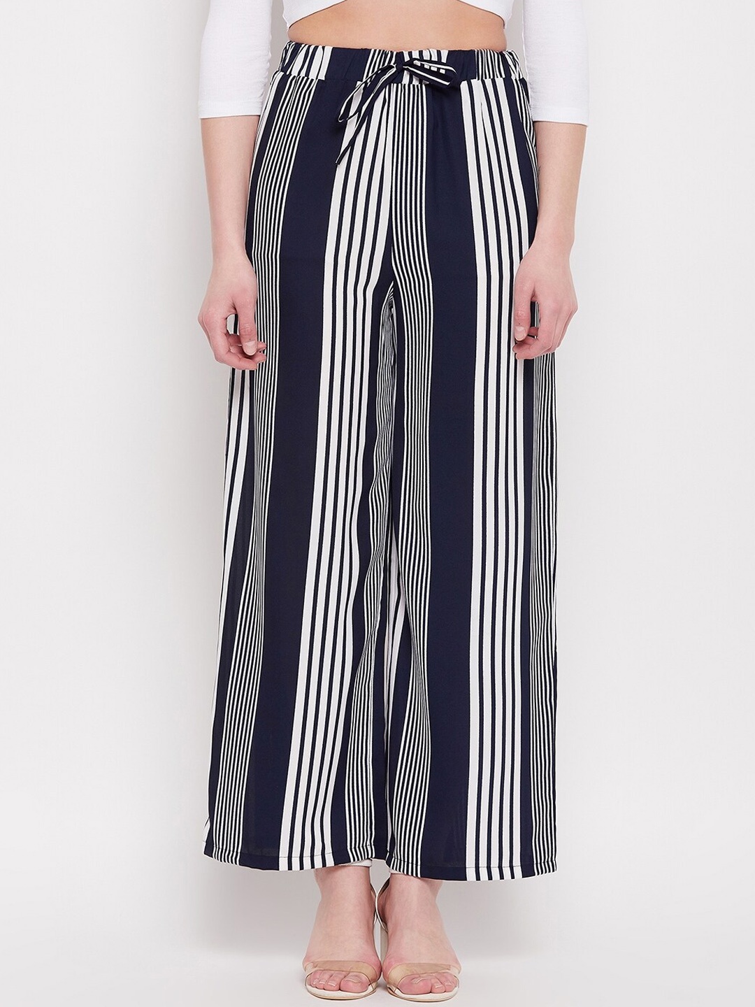 

NABIA Women Striped Relaxed High-Rise Trousers, Blue
