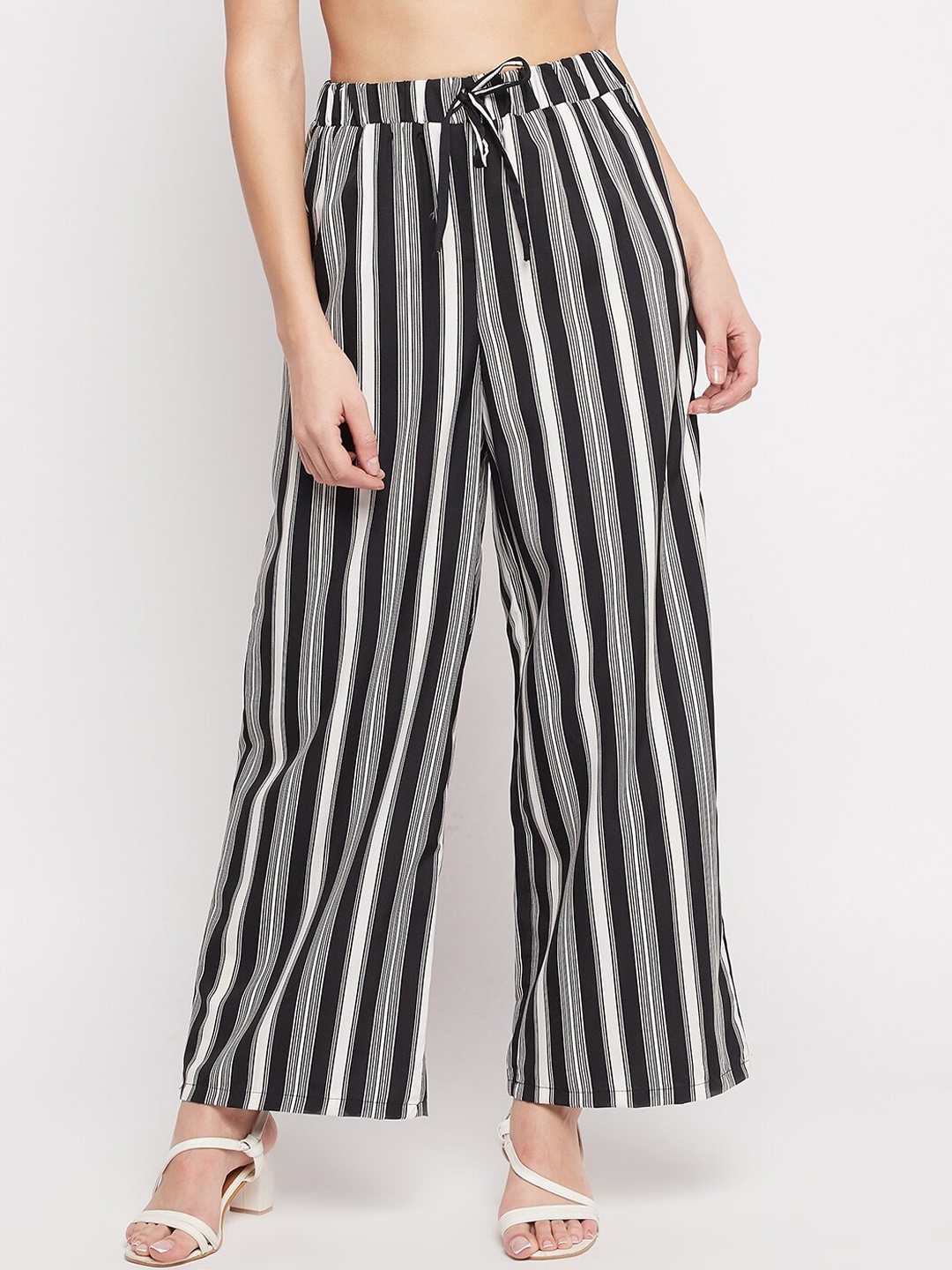 

NABIA Women Striped Relaxed High-Rise Trousers, Black