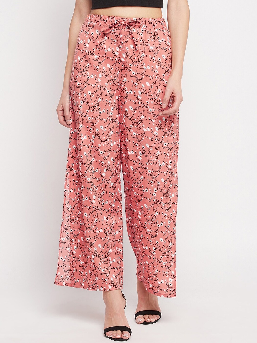 

NABIA Women Rust Floral Printed Relaxed High-Rise Pleated Trousers