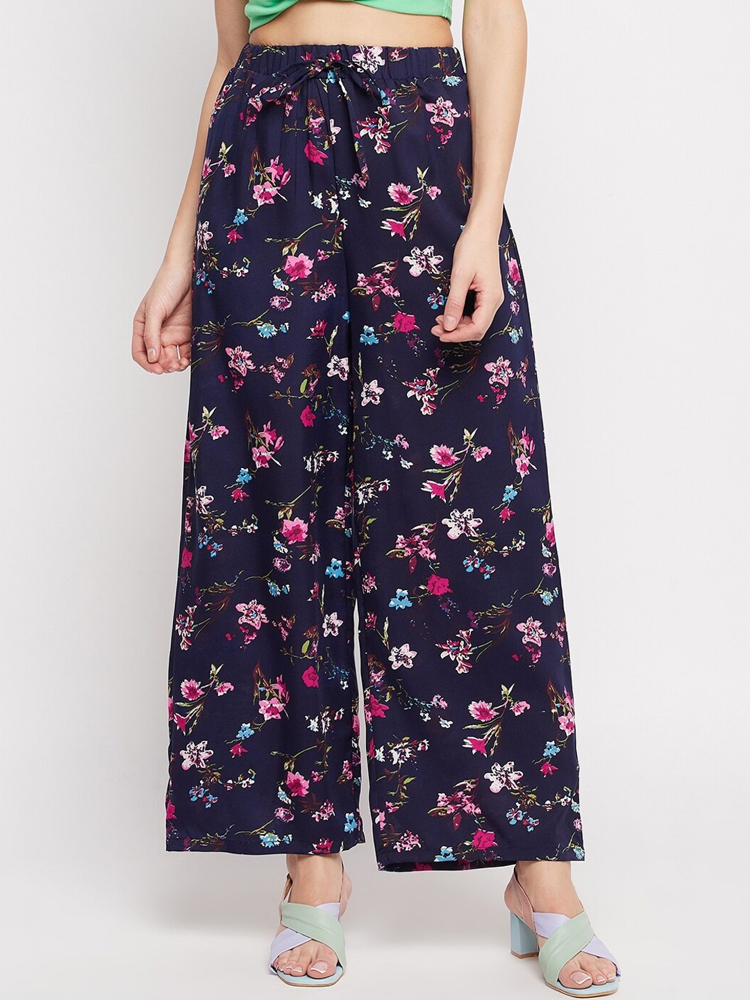

NABIA Women Floral Printed Relaxed High-Rise Pleated Trousers, Blue