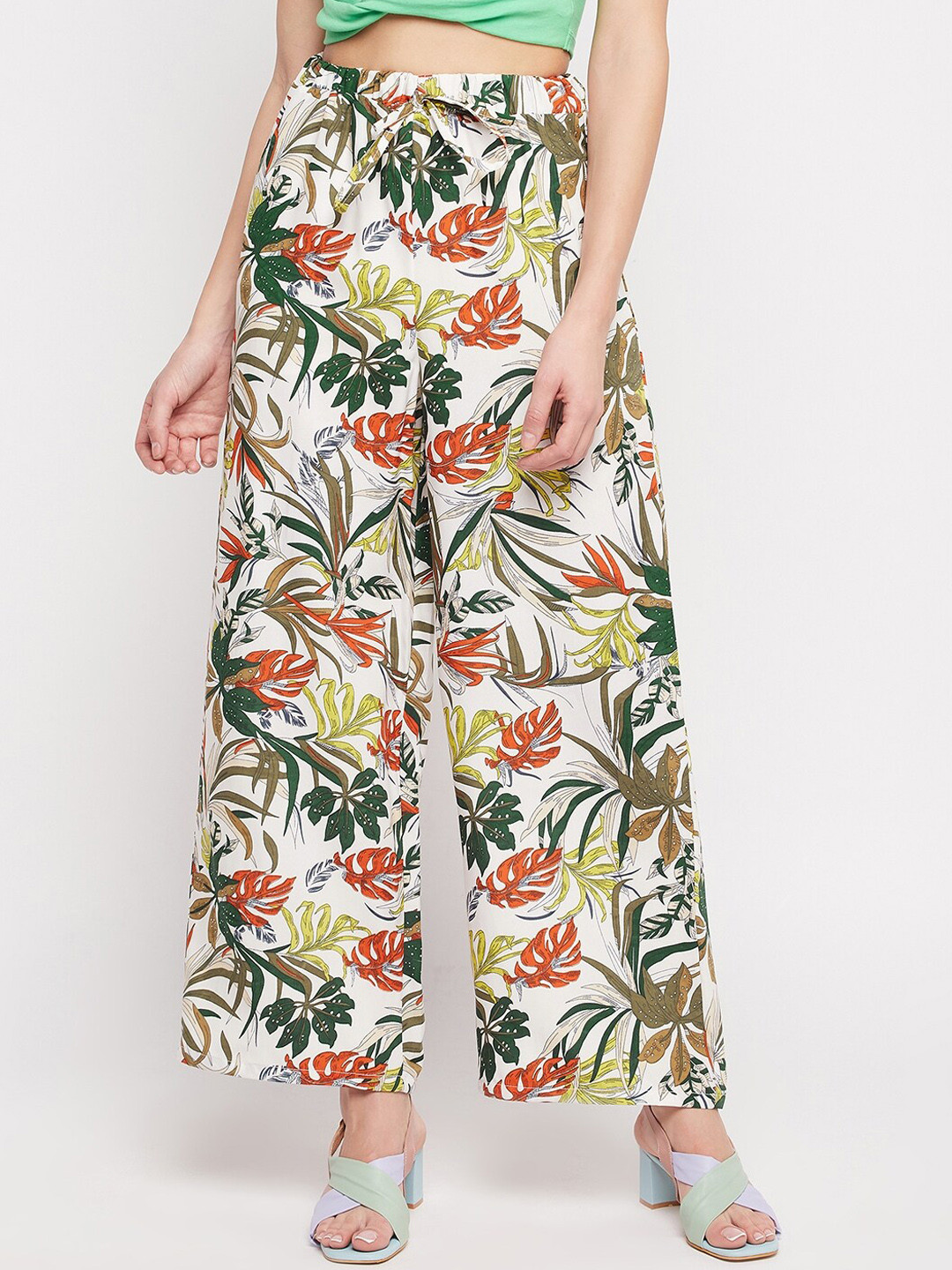 

NABIA Women Floral Printed Relaxed High-Rise Trousers, White
