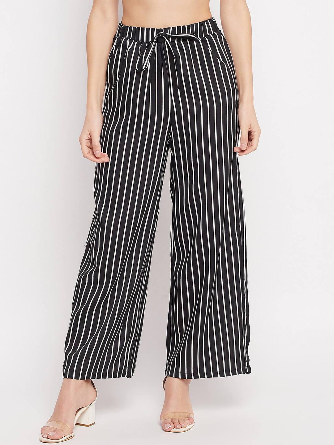 

NABIA Women Striped Relaxed High-Rise Trousers, Black