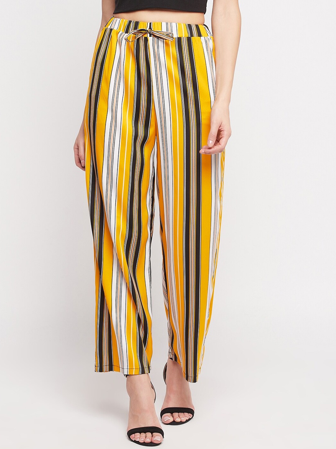 

NABIA Women Striped Relaxed High-Rise Trousers, Yellow