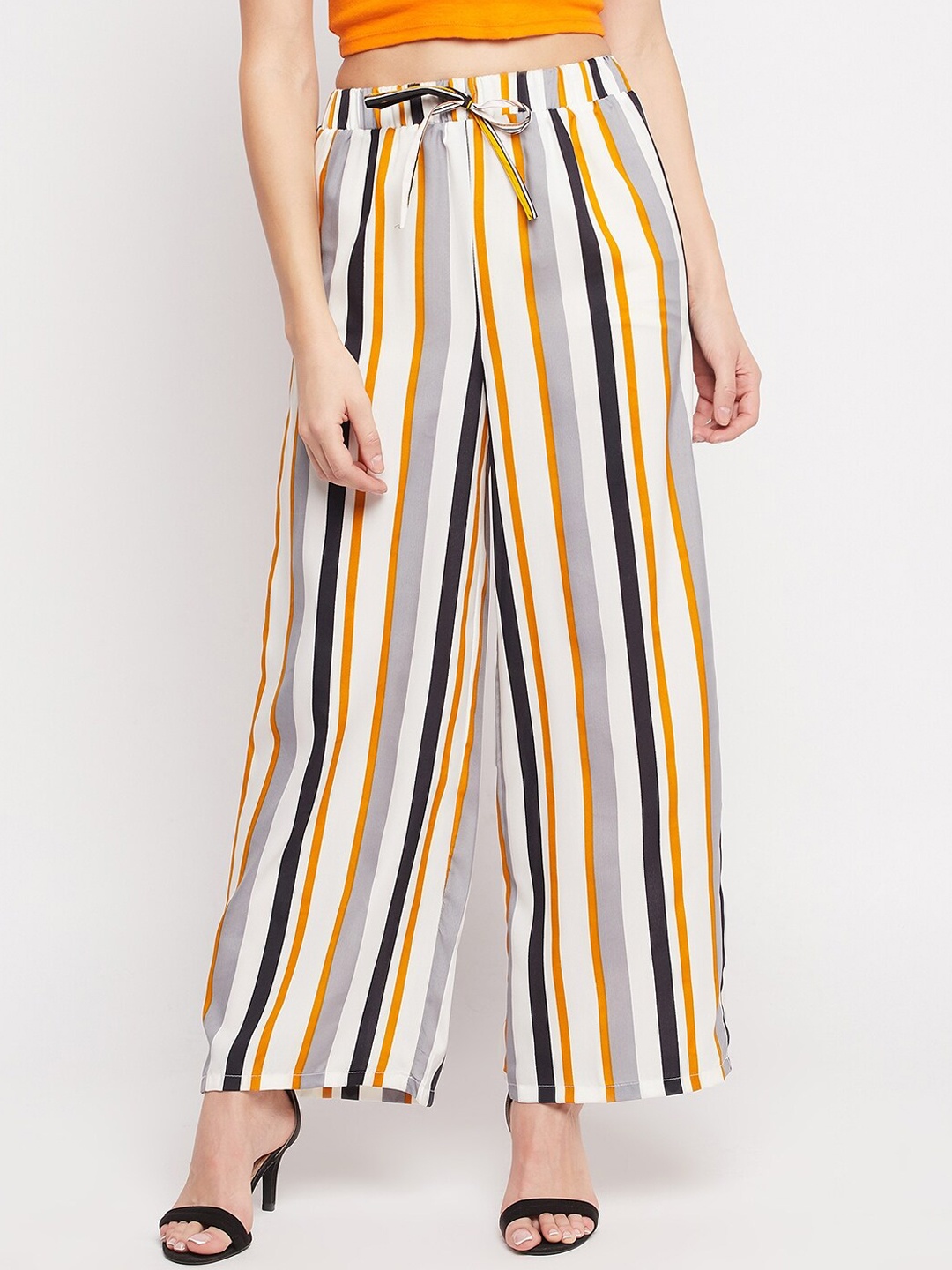 

NABIA Women Striped Relaxed High-Rise Trousers, Yellow