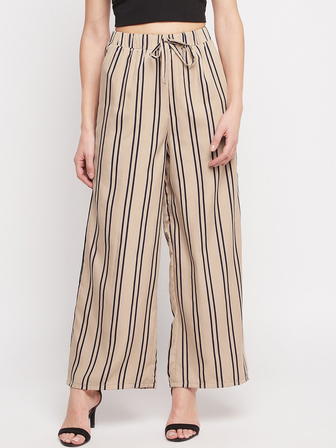 

NABIA Women Striped Relaxed High-Rise Pleated Trousers, Beige