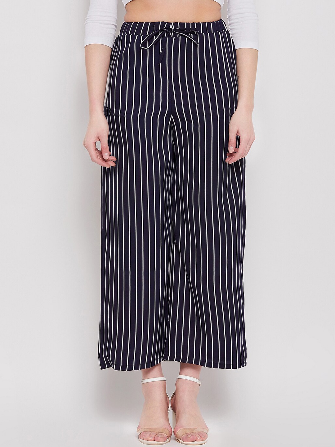 

NABIA Women Striped Relaxed High-Rise Pleated Trousers, Blue