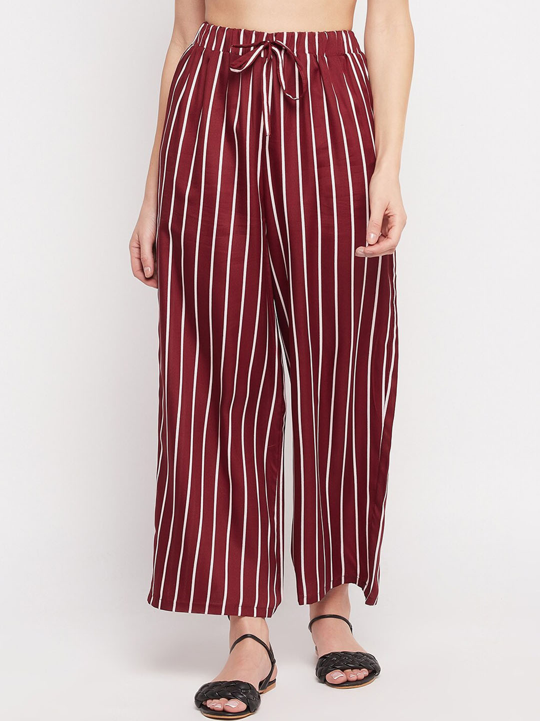 

NABIA Women Striped Relaxed High-Rise Trousers, Maroon